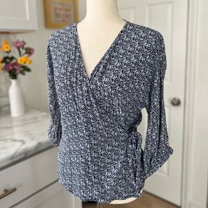Talbots Navy Swirly Print Flowy Faux Wrap V-Neck Blouse Top